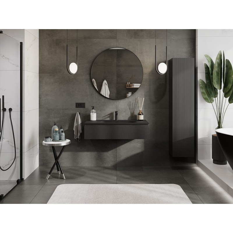 Mexen Rivel gabinete de baño de 100 cm con lavabo Vela, 1 cajón, acanalado, negro mate - 91A20-10023-1-BF71-W23M71