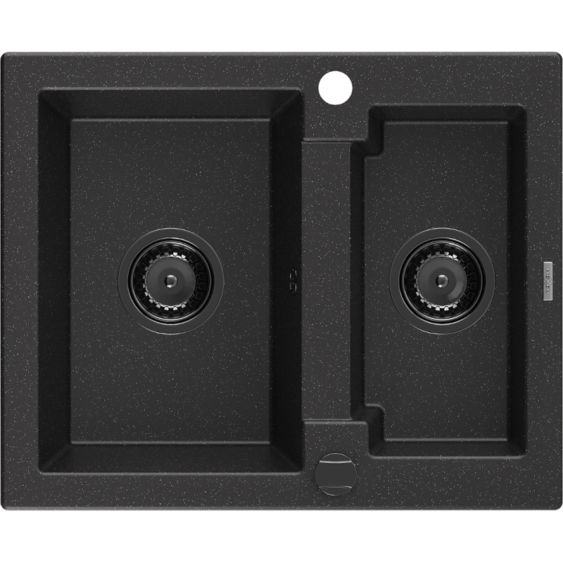 Mexen Carlos évier en granit 1,5 bac 582 x 475 mm, noir/métallisé argent, siphon noir - 6518581500-73-B