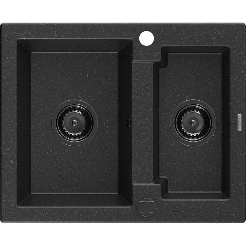 Mexen Carlos fregadero de granito de 1,5 senos 582 x 475 mm, negro/plateado metálico, sifón negro - 6518581500-73-B