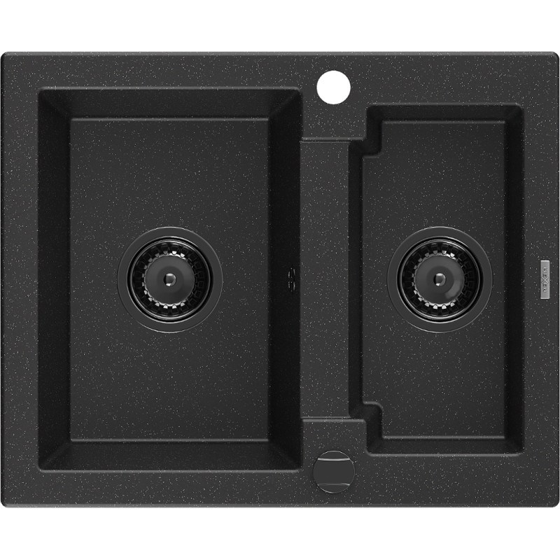 Mexen Carlos granit wastafel 1,5-comartel 582 x 475 mm, zwart/zilveren metallic, zwarte sifon - 6518581500-73-B