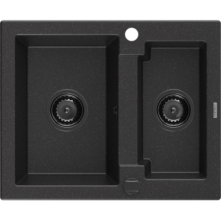 Mexen Carlos Granitspüle 1,5-beckig 582 x 475 mm, schwarz/silberner Metallic, schwarzer Siphon - 6518581500-73-B