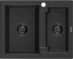 Mexen Carlos granite sink 1.5-bowl 582 x 475 mm, black/silver metallic, black siphon - 6518581500-73-B