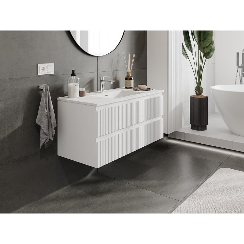 Mexen Rivel armoire de salle de bain 100 cm avec lavabo Otis, 2 tiroirs, rainurée, blanc mat - 91A20-10047-2-BFF01-W18M01