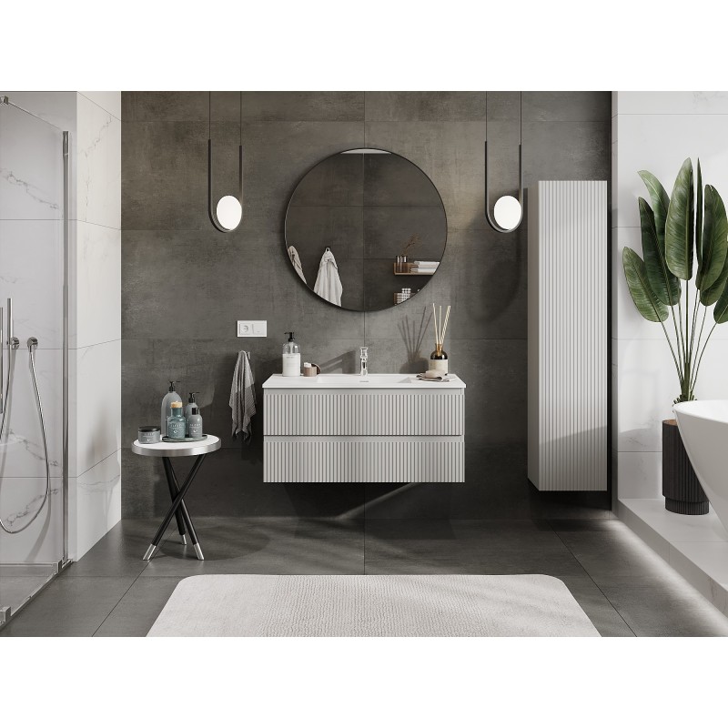 Mexen Rivel armadietto da bagno 100 cm con lavabo Otis, 2 cassetti, scanalato, grigio opaco/bianco opaco