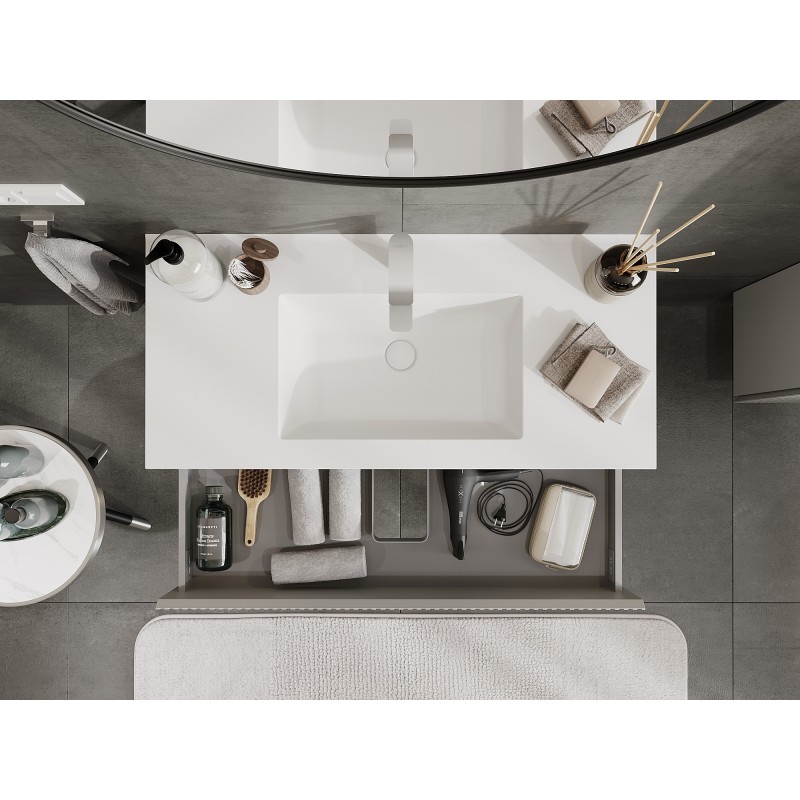 Mexen Rivel meuble de salle de bain 100 cm avec lavabo Otis, 2 tiroirs, rainuré, gris mat/blanc mat