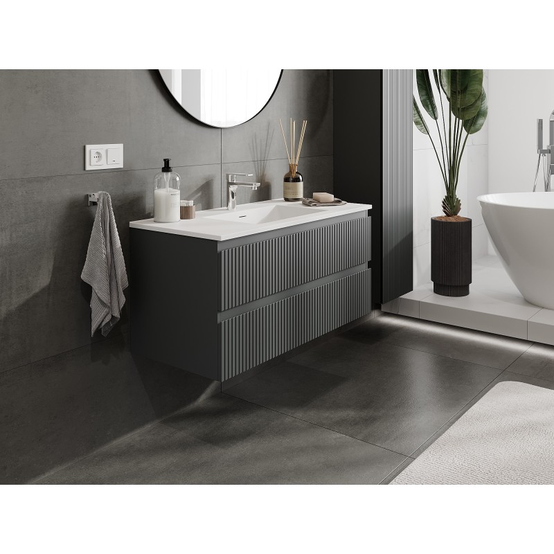 Mexen Rivel armoire de salle de bain 100 cm avec lavabo Otis, 2 tiroirs, cannelée, graphite mat/blanc mat -