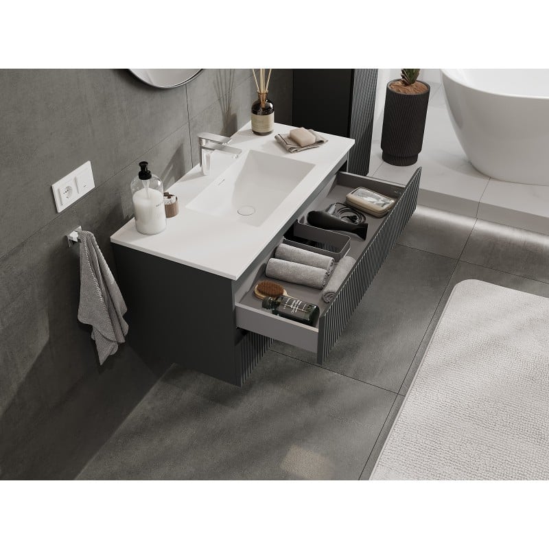 Mexen Rivel szafka łazienkowa 100 cm z umywalką Otis, 2 szuflady, ryflowana , grafit mat/biała mat - 91A20-10047-2-BFF66-W18M0