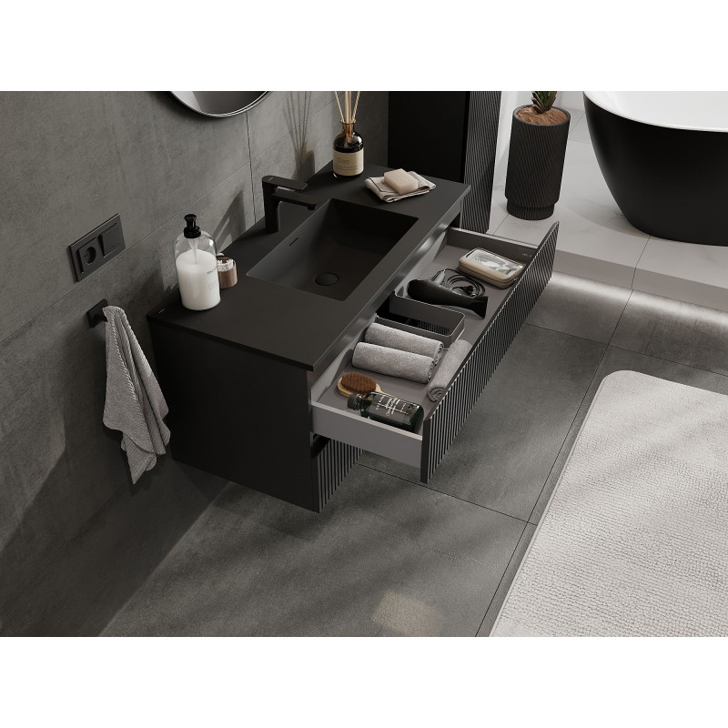 Mexen Rivel bathroom cabinet 100 cm with Otis sink, 2 drawers, fluted, black matte - 91A20-10047-2-BFF71-W18M71