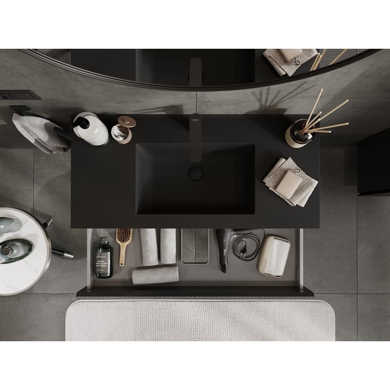 Mexen Rivel bathroom cabinet 100 cm with Otis sink, 2 drawers, fluted, black matte - 91A20-10047-2-BFF71-W18M71