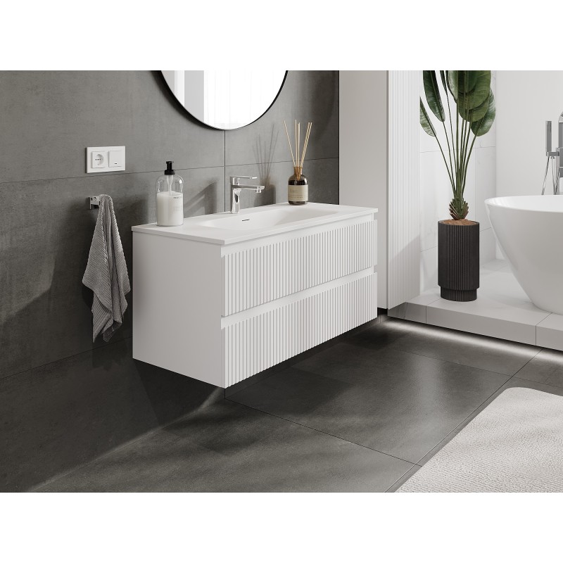Mexen Rivel mobile bagno 100 cm con lavabo Vela, 2 cassetti, scanalato, bianco opaco - 91A20-10047-2-BFF01-W23M01
