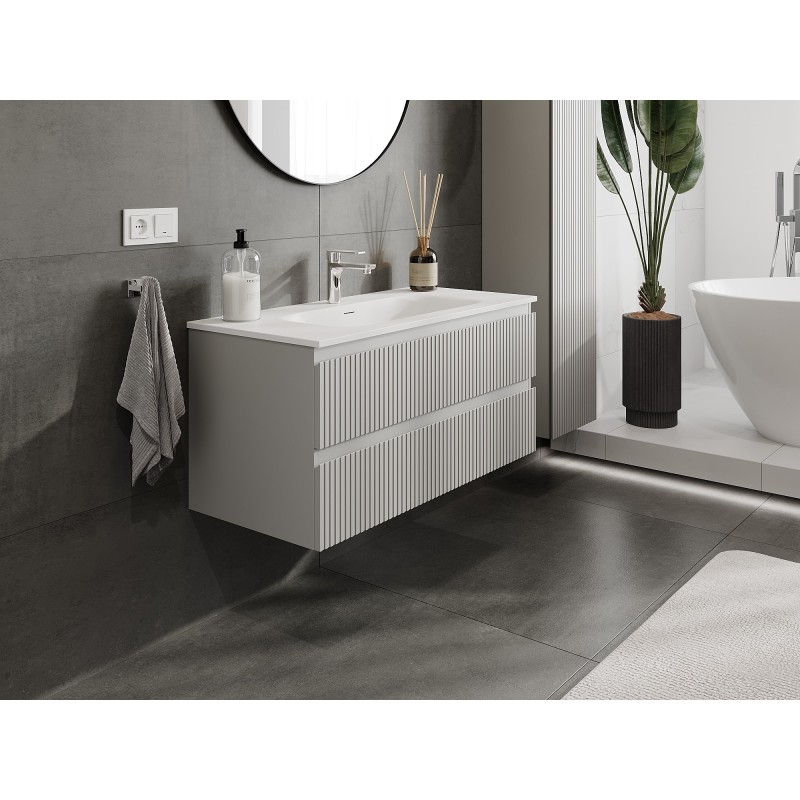 Mexen Rivel armario de baño 100 cm con lavabo Vela, 2 cajones, ranurado, gris mate/blanco mate - 91A20-10047-2-BFF62-W23M01