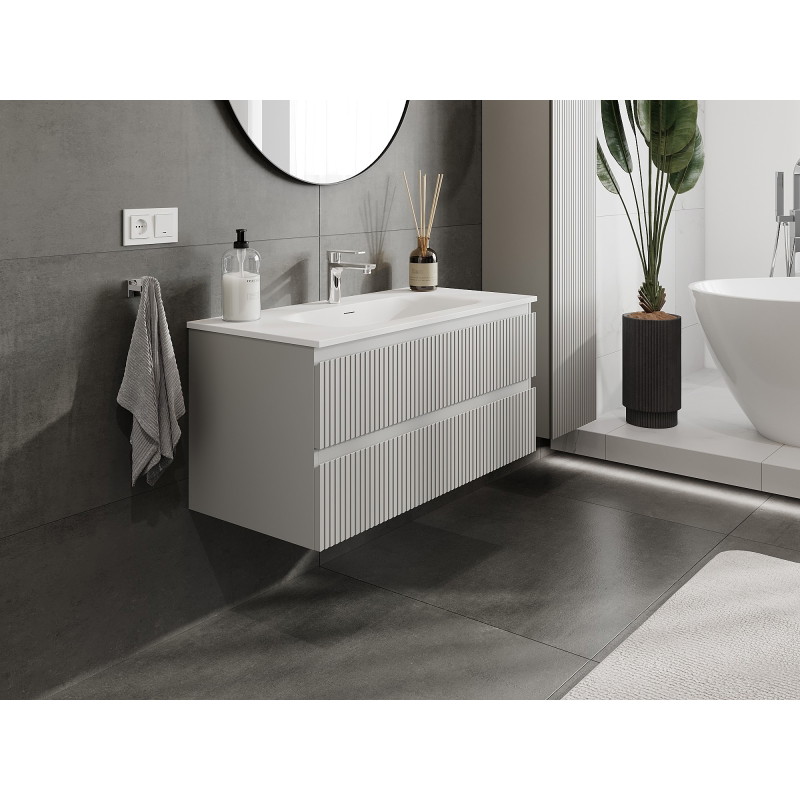 Mexen Rivel badkamerkast 100 cm met wastafel Vela, 2 lades, geribbeld, grijs mat/wit mat - 91A20-10047-2-BFF62-W23M01