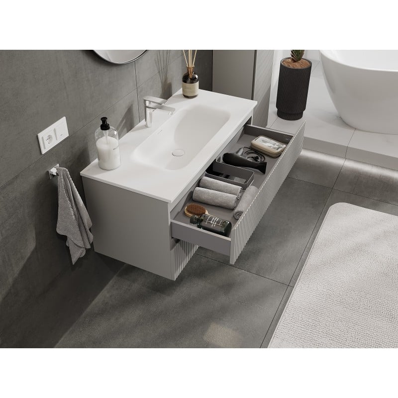 Mexen Rivel szafka łazienkowa 100 cm z umywalką Vela, 2 szuflady, ryflowana , szara mat/biała mat - 91A20-10047-2-BFF62-W23M01