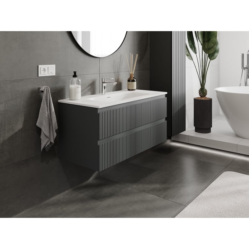 Mexen Rivel bathroom cabinet 100 cm with washbasin Vela, 2 drawers, fluted, graphite matte/white matte -