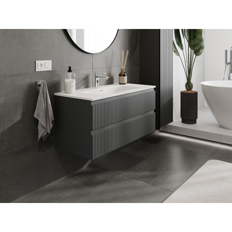 Mexen Rivel szafka łazienkowa 100 cm z umywalką Vela, 2 szuflady, ryflowana , grafit mat/biała mat - 91A20-10047-2-BFF66-W23M0