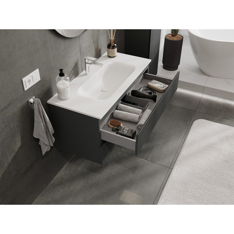 Mexen Rivel bathroom cabinet 100 cm with washbasin Vela, 2 drawers, fluted, graphite matte/white matte -