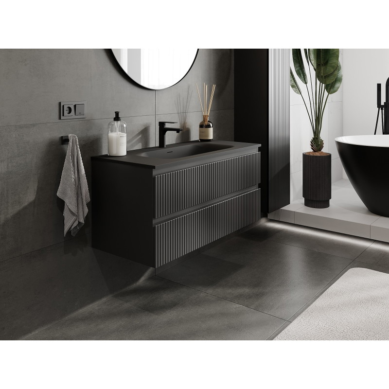 Mexen Rivel Badezimmerschrank 100 cm mit Waschbecken Vela, 2 Schubladen, geriffelt, schwarz matt - 91A20-10047-2-BFF71-W23M71