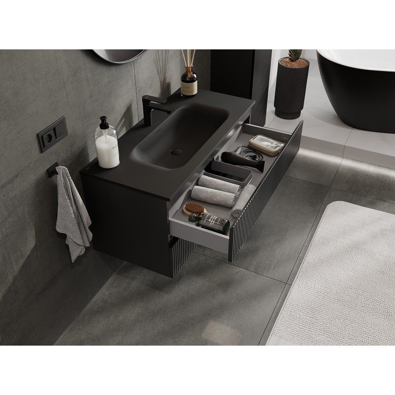 Mexen Rivel meuble de salle de bain 100 cm avec lavabo Vela, 2 tiroirs, rainuré, noir mat - 91A20-10047-2-BFF71-W23M71