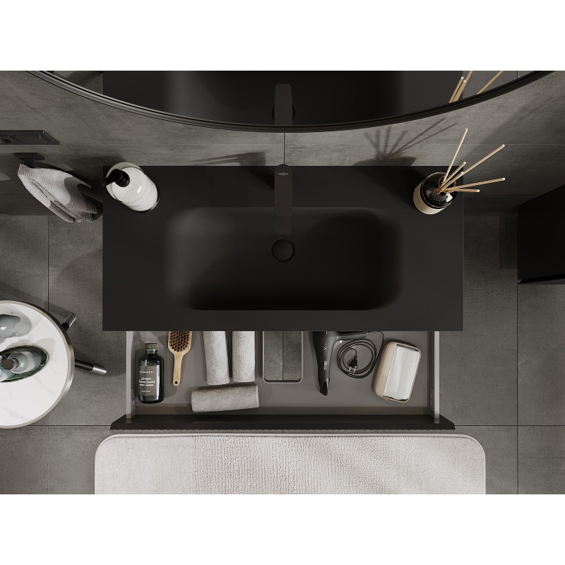 Mexen Rivel armario de baño de 100 cm con lavabo Vela, 2 cajones, acanalado, negro mate - 91A20-10047-2-BFF71-W23M71