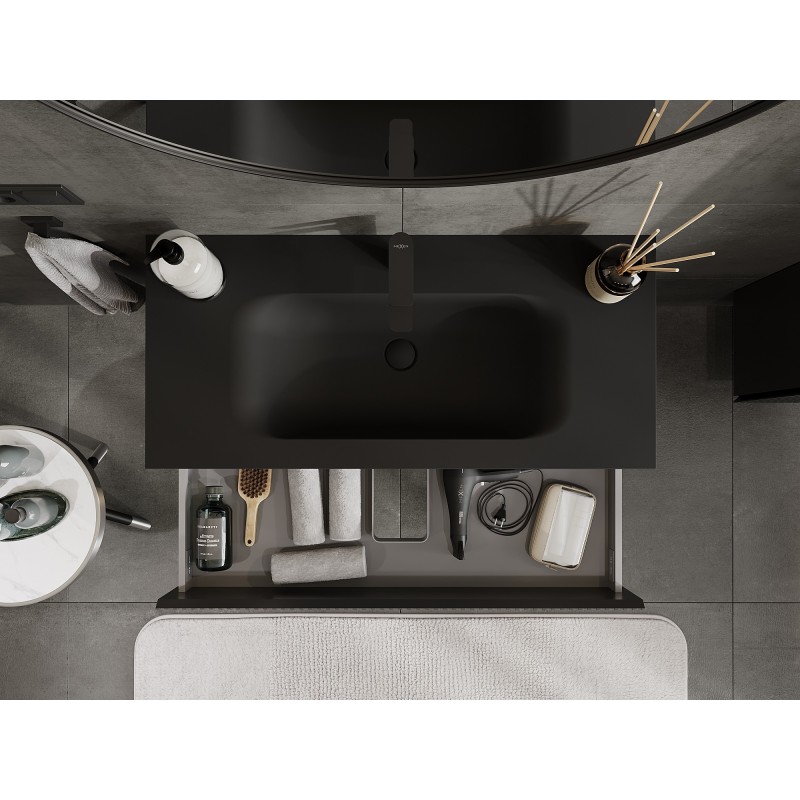 Mexen Rivel Badezimmermöbel 100 cm mit Waschbecken Vela, 2 Schubladen, geriffelt, schwarz matt - 91A20-10047-2-BFF71-W23M71