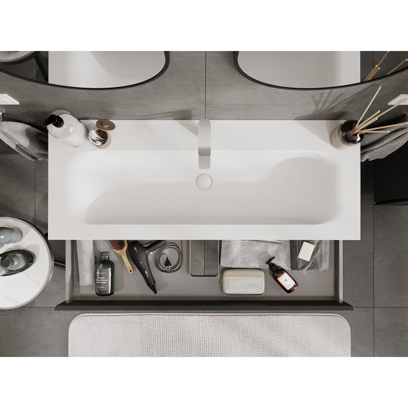 Mexen Rivel mobiletto da bagno 120 cm con lavabo Vela, 1 cassetto, scanalato, grafite opaco/bianco opaco -