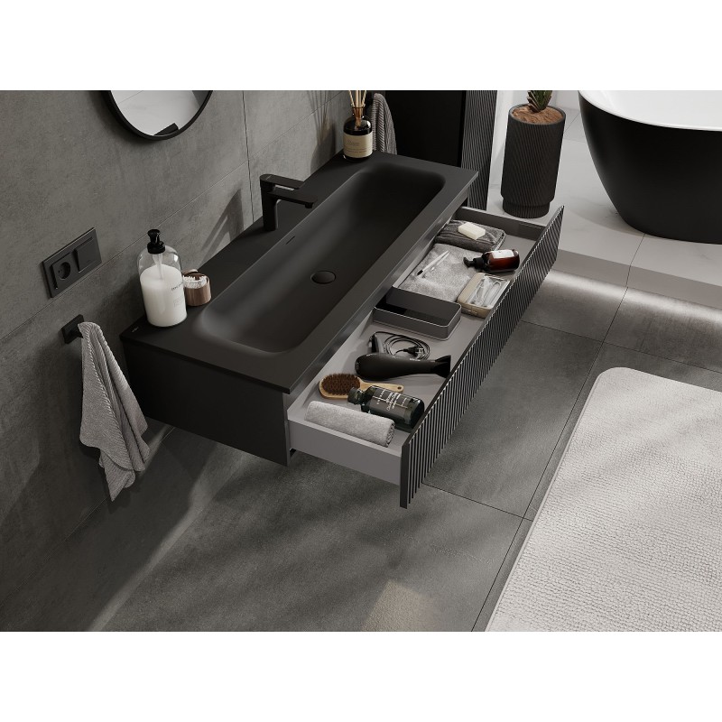 Mexen Rivel meuble de salle de bain 120 cm avec lavabo Vela, 1 tiroir, rainuré, noir mat - 91A20-12023-1-BF71-W23M71