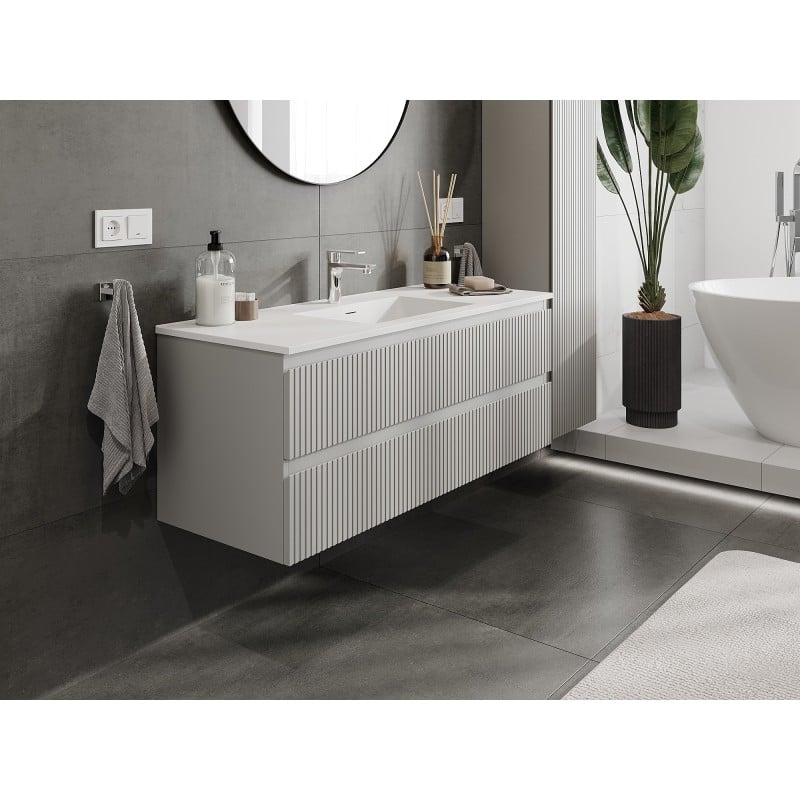 Mexen Rivel szafka łazienkowa 120 cm z umywalką Otis, 2 szuflady, ryflowana , szara mat/biała mat - 91A20-12047-2-BFF62-W18M0