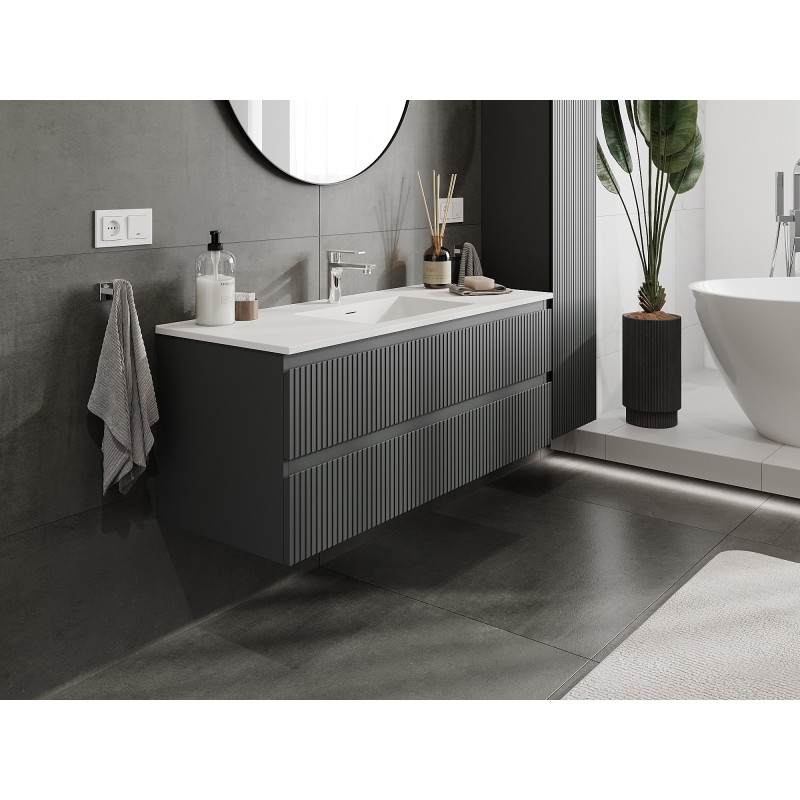 Mexen Rivel bathroom cabinet 120 cm with Otis sink, 2 drawers, fluted, matte graphite/white matte - 91A20-12047-2-BFF66-W18M