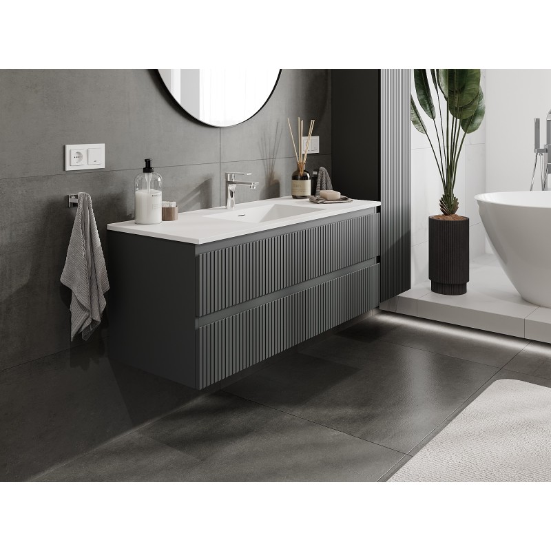 Mexen Rivel mobiletto da bagno 120 cm con lavabo Otis, 2 cassetti, scanalato, grafite opaco/bianco opaco -