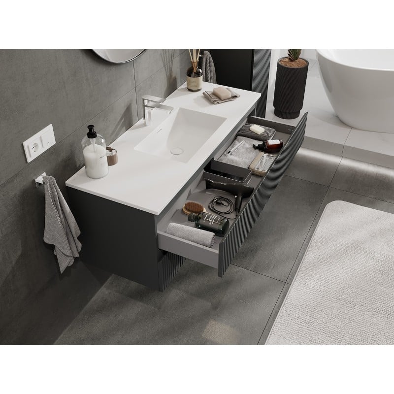 Mexen Rivel szafka łazienkowa 120 cm z umywalką Otis, 2 szuflady, ryflowana , grafit mat/biała mat - 91A20-12047-2-BFF66-W18M