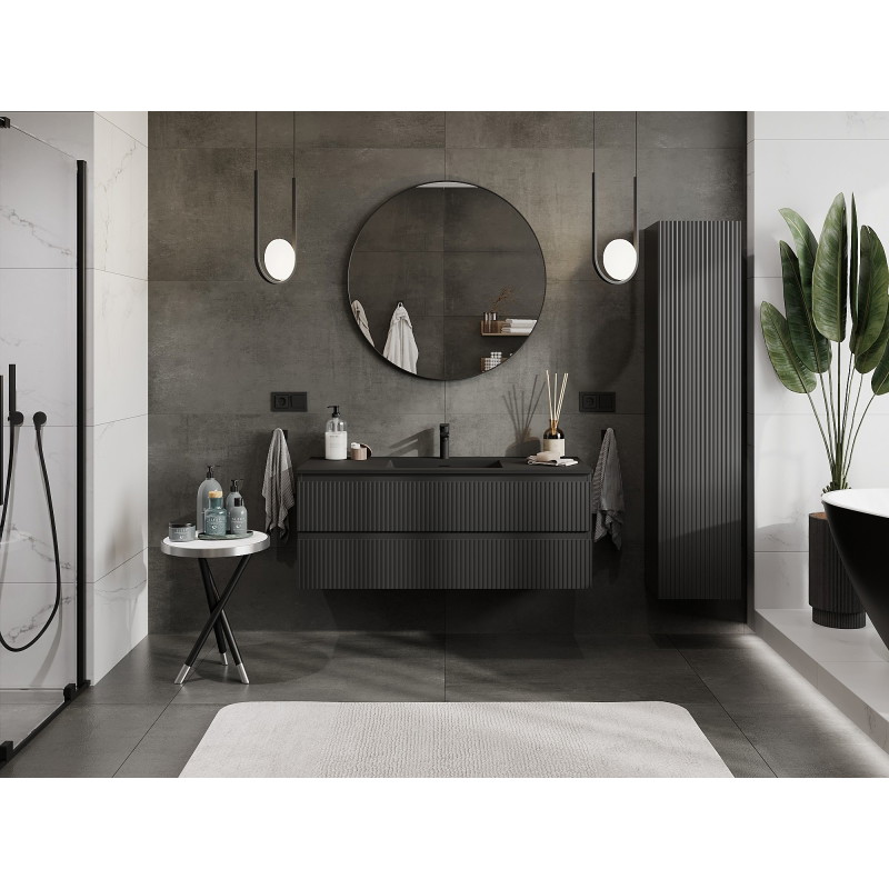 Mexen Rivel armoire de salle de bain 120 cm avec lavabo Otis, 2 tiroirs, rainurée, noir mat - 91A20-12047-2-BFF71-W18M71