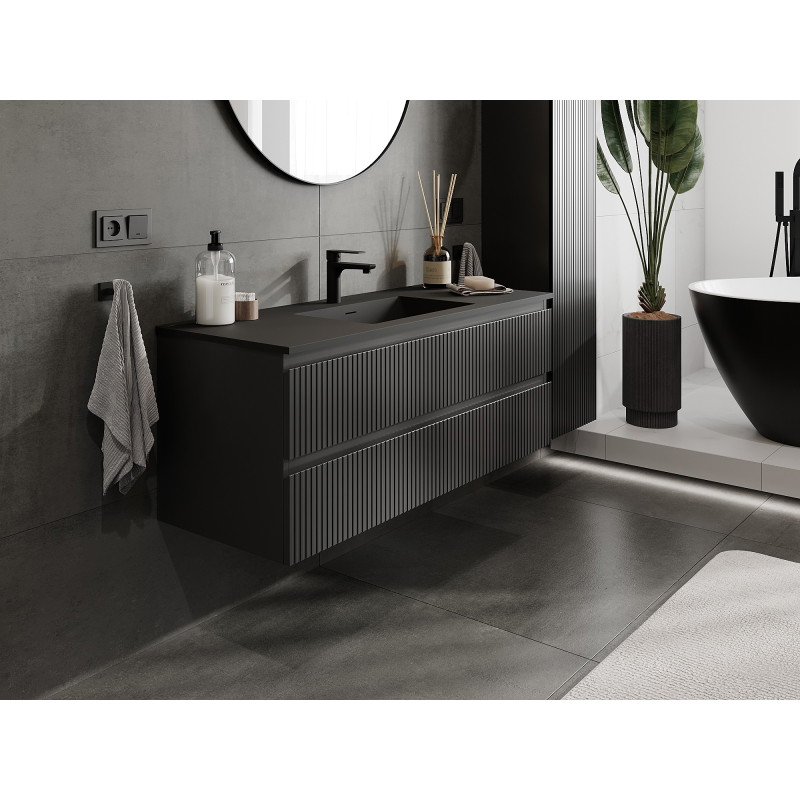 Mexen Rivel mobile da bagno 120 cm con lavabo Otis, 2 cassetti, scanalato, nero opaco - 91A20-12047-2-BFF71-W18M71