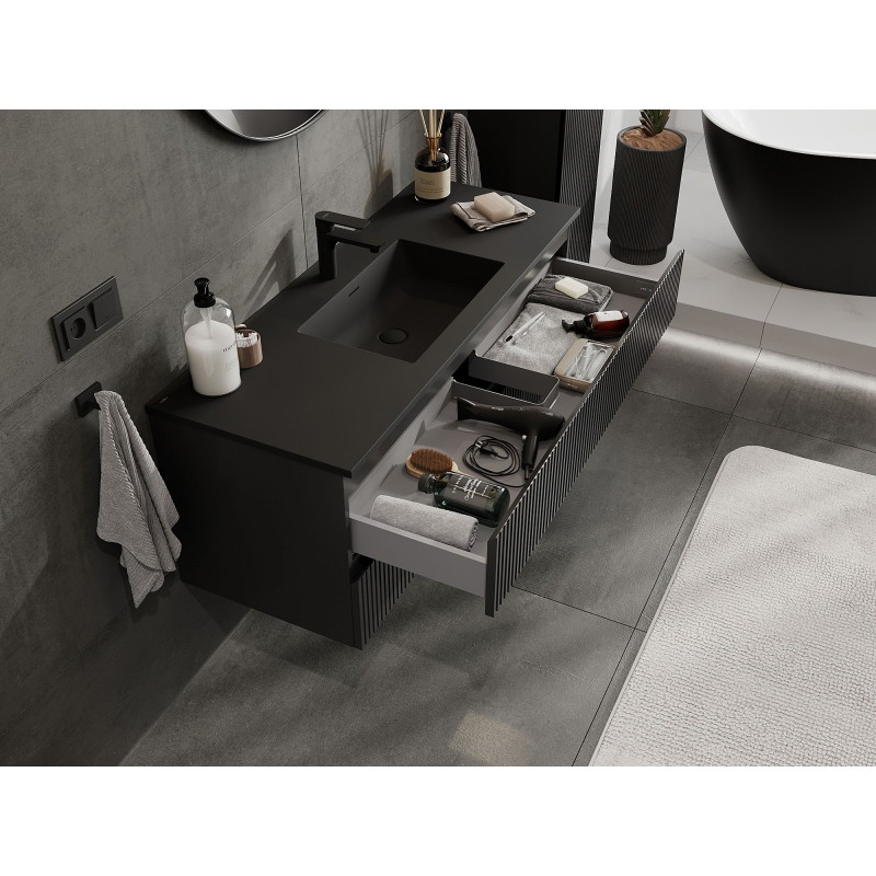 Mexen Rivel mobile da bagno 120 cm con lavabo Otis, 2 cassetti, scanalato, nero opaco - 91A20-12047-2-BFF71-W18M71