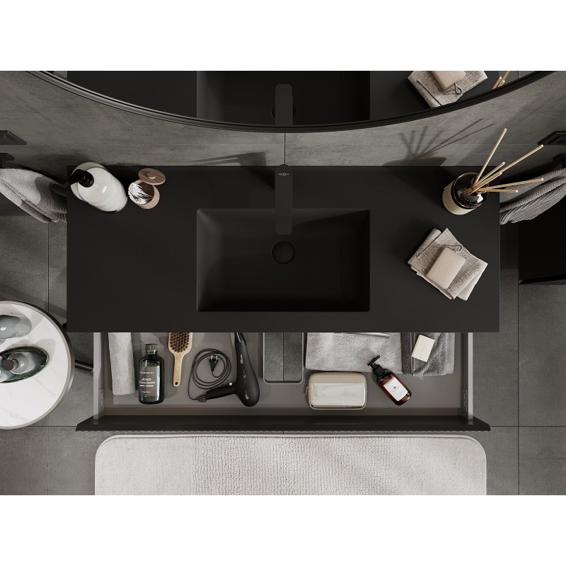 Mexen Rivel Badezimmerschrank 120 cm mit Waschbecken Otis, 2 Schubladen, geriffelt, schwarz matt - 91A20-12047-2-BFF71-W18M71