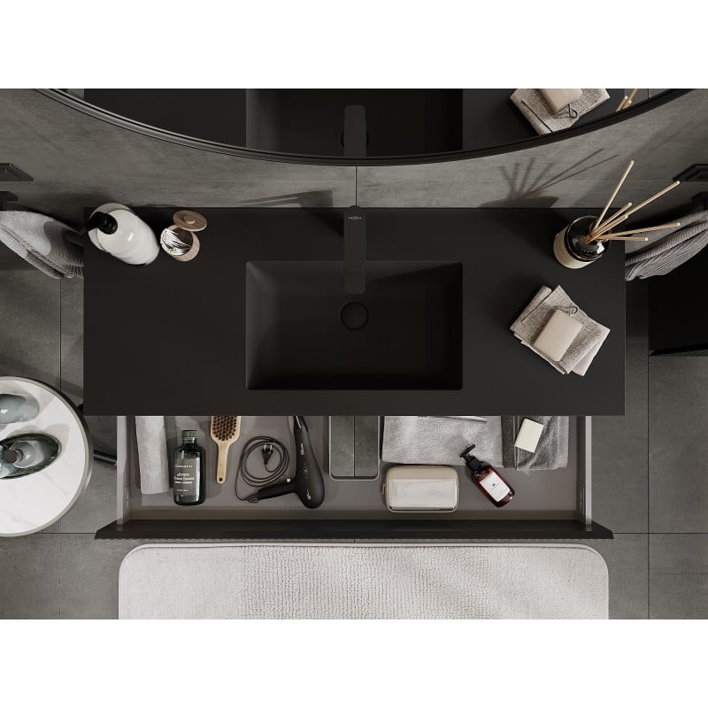 Mexen Rivel badrumsskåp 120 cm med handfat Otis, 2 lådor, räfflad, svart matt - 91A20-12047-2-BFF71-W18M71