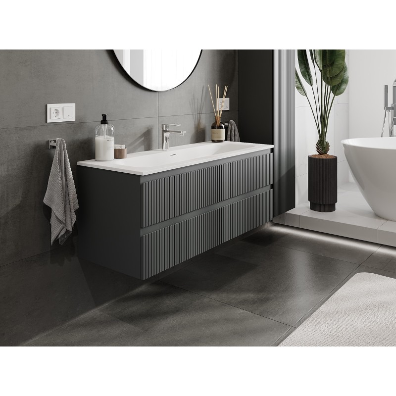 Mexen Rivel szafka łazienkowa 120 cm z umywalką Vela, 2 szuflady, ryflowana , grafit mat/biała mat - 91A20-12047-2-BFF66-W23M