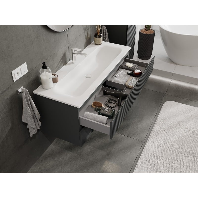 Mexen Rivel szafka łazienkowa 120 cm z umywalką Vela, 2 szuflady, ryflowana , grafit mat/biała mat - 91A20-12047-2-BFF66-W23M