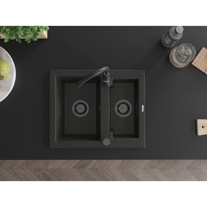 Mexen Carlos lavello in granito 1,5 vasche 582 x 475 mm, nero/oro metallizzato, sifone nero - 6518581500-75-B