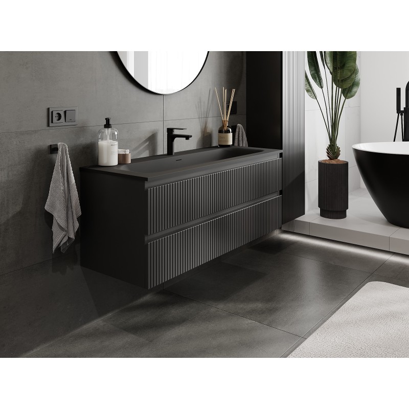 Mexen Rivel armario de baño 120 cm con lavabo Vela, 2 cajones, ranurado, negro mate - 91A20-12047-2-BFF71-W23M71