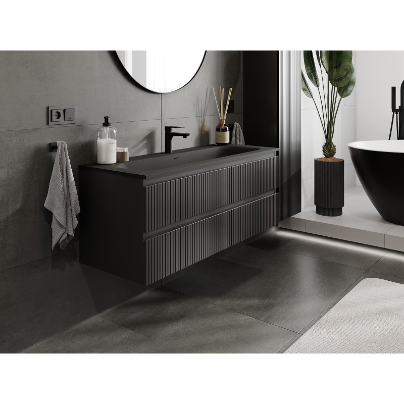 Mexen Rivel armoire de salle de bain 120 cm avec lavabo Vela, 2 tiroirs, cannelée, noir mat - 91A20-12047-2-BFF71-W23M71