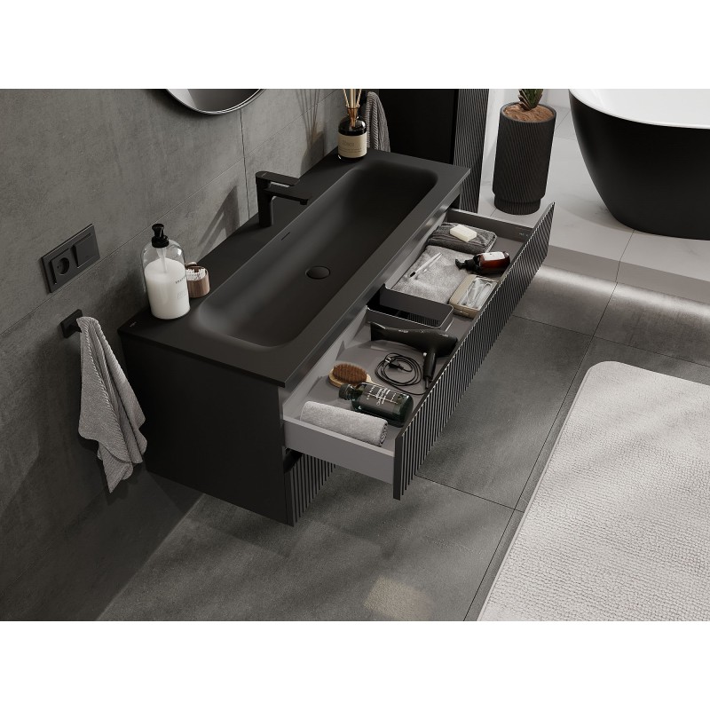 Mexen Rivel armario de baño 120 cm con lavabo Vela, 2 cajones, ranurado, negro mate - 91A20-12047-2-BFF71-W23M71