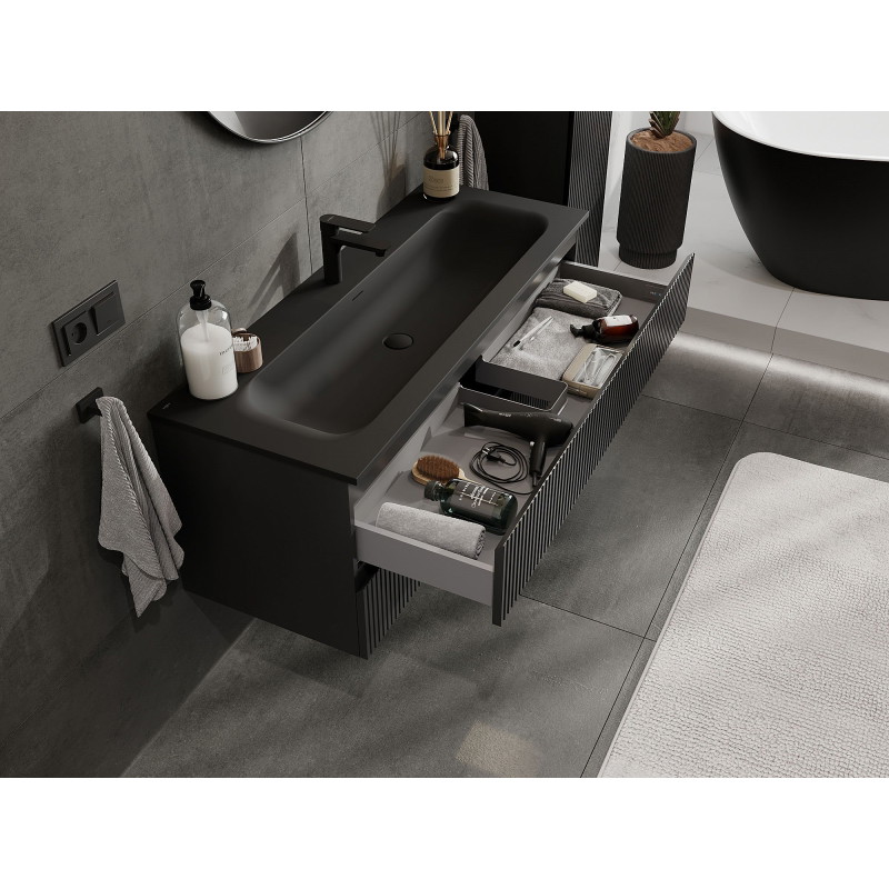 Mexen Rivel armoire de salle de bain 120 cm avec lavabo Vela, 2 tiroirs, cannelée, noir mat - 91A20-12047-2-BFF71-W23M71