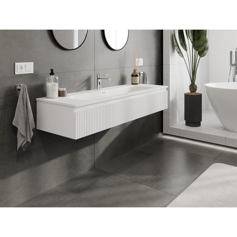 Mexen Rivel bathroom cabinet 140 cm with Vela basin, 1 drawer, grooved, matt white - 91A20-14023-1-BF01-W23M01