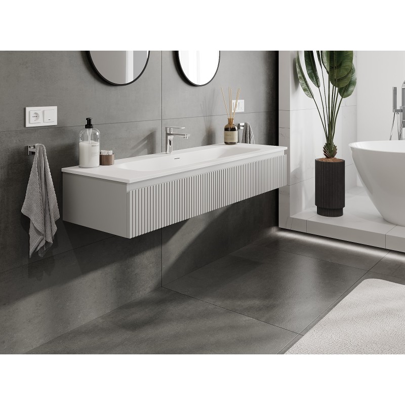 Mexen Rivel mobile da bagno 140 cm con lavabo Vela, 1 cassetto, scanalato, grigio opaco/bianco opaco - 91A20-14023-1-BF62-W23M01