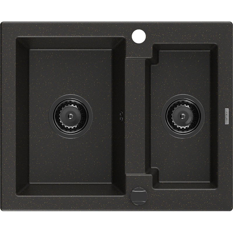 Mexen Carlos fregadero de granito de 1,5 senos 582 x 475 mm, negro/oro metálico, sifón negro - 6518581500-75-B