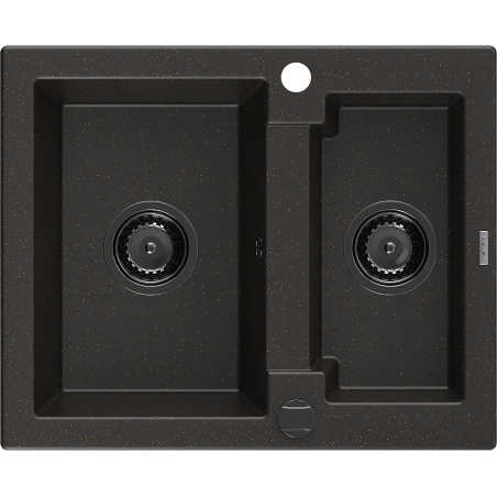 Mexen Carlos évier en granit 1,5 bac 582 x 475 mm, noir/doré métallique, siphon noir - 6518581500-75-B