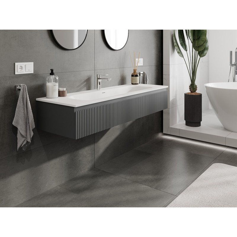 Mexen Rivel bathroom cabinet 140 cm with sink Vela, 1 drawer, fluted, matte graphite/white matte - 91A20-14023-1-BF66-W23M0