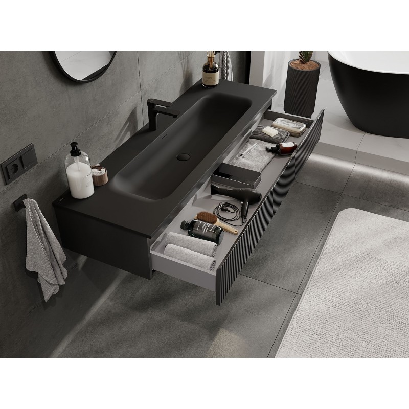 Mexen Rivel badkamerkast 140 cm met wastafel Vela, 1 lade, geribbeld, zwart mat - 91A20-14023-1-BF71-W23M71