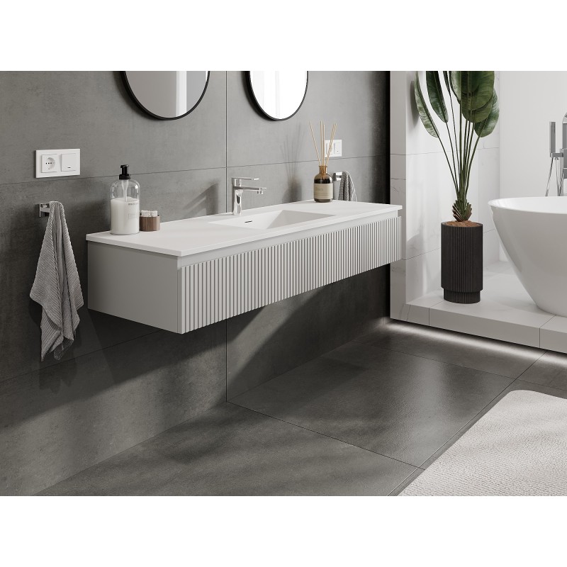 Mexen Rivel szafka łazienkowa 140 cm z umywalką Otis, 1 szuflada, ryflowana , szara mat/biała mat - 91A20-14023-1-BF62-W18M01