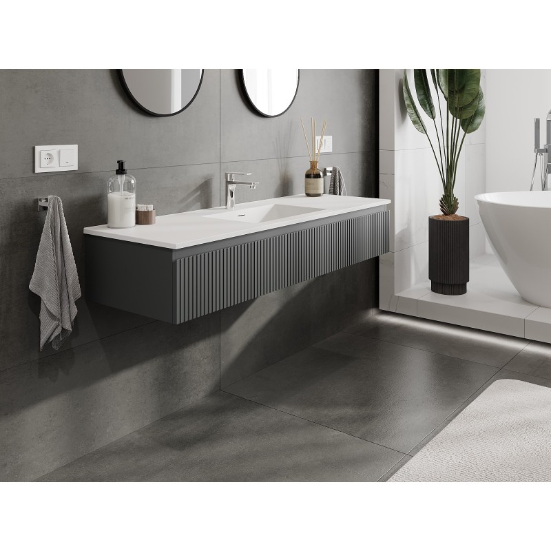 Mexen Rivel szafka łazienkowa 140 cm z umywalką Otis, 1 szuflada, ryflowana , grafit mat/biała mat - 91A20-14023-1-BF66-W18M0